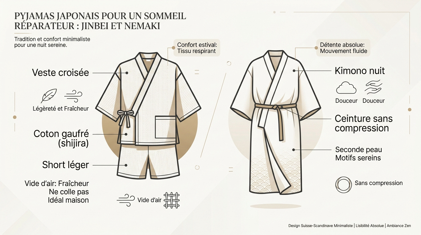 Ensemble de pyjamas japonais traditionnels jinbei et nemaki en coton