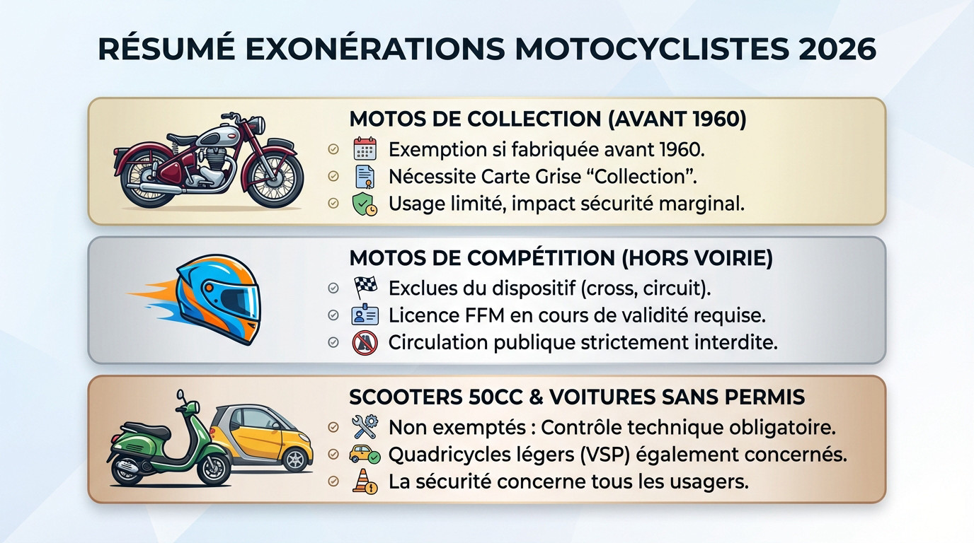 Résumé des catégories de motos exemptées du contrôle technique en 2026