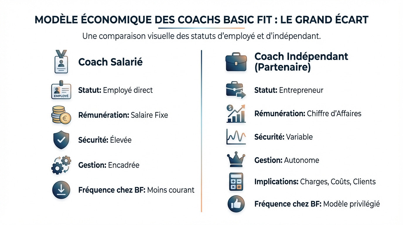 Graphique illustrant la différence de structure de revenus entre un coach salarié et un coach indépendant chez Basic Fit