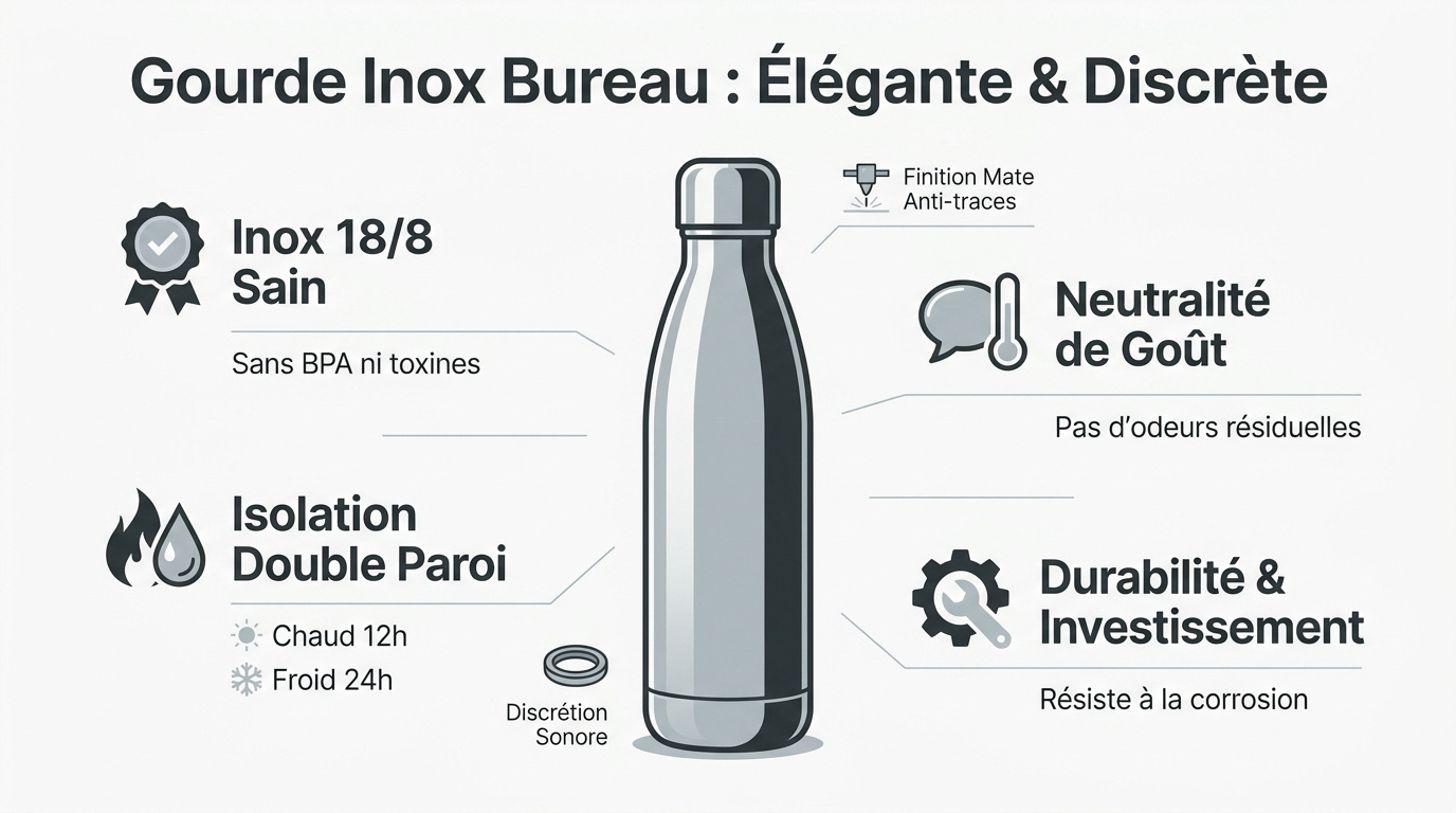 Infographie présentant les avantages d'une gourde inox élégante pour le bureau : isolation, design mat et acier 18/8