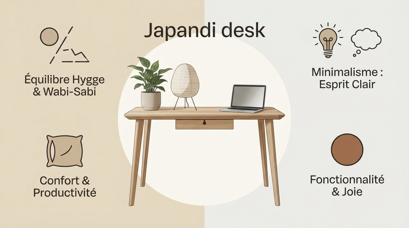 Infographie présentant les principes du design de bureau japandi avec bois naturel et tons neutres