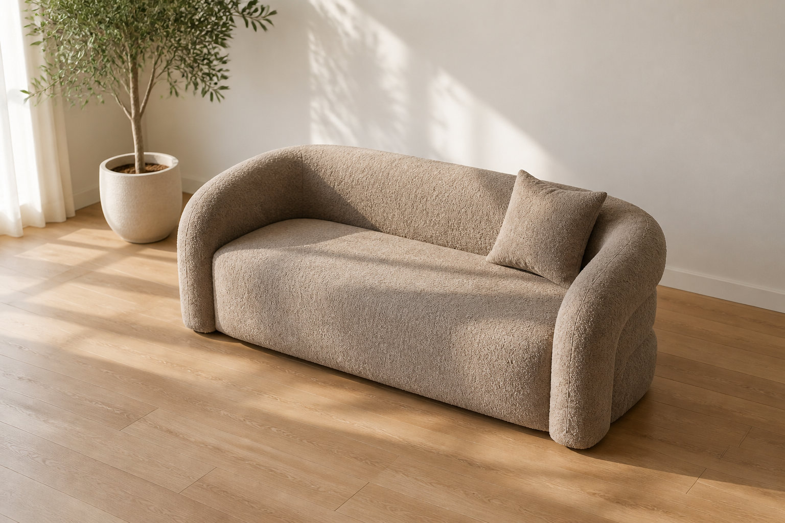 Canapé arrondi 3 places en tissu bouclette taupe - Lapiota
