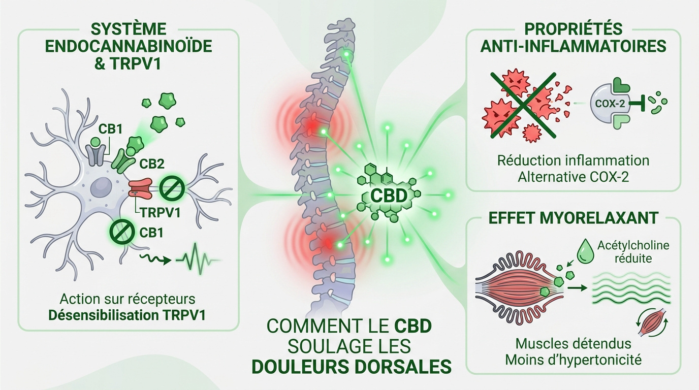 Infographie expliquant les mécanismes d'action du CBD sur les douleurs dorsales et l'inflammation