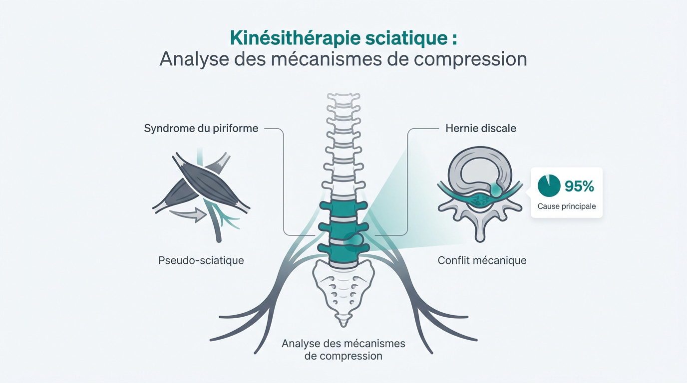 Schéma anatomique montrant la compression du nerf sciatique par une hernie discale au niveau lombaire