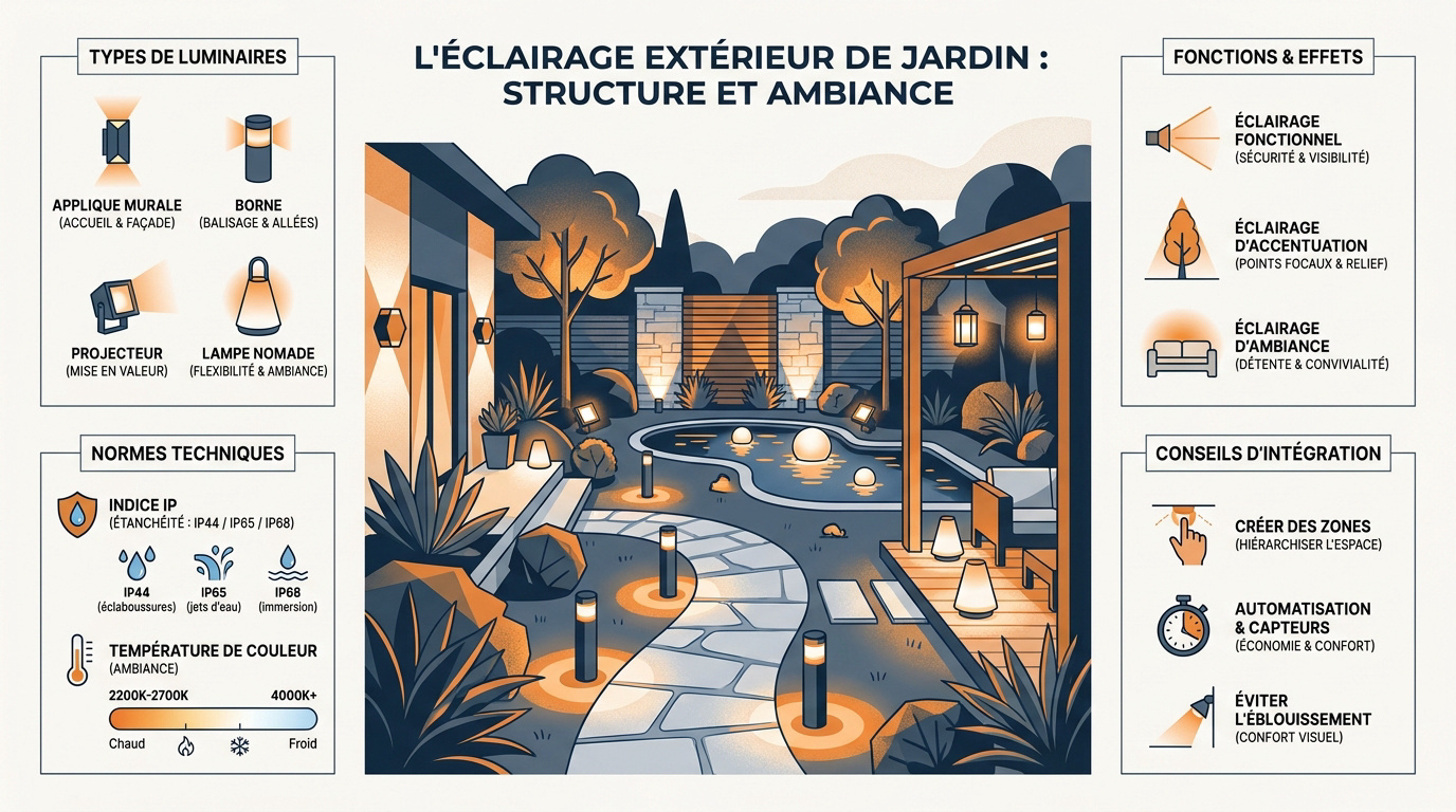 Éclairage extérieur design structurant une allée de jardin avec des bornes et des appliques murales