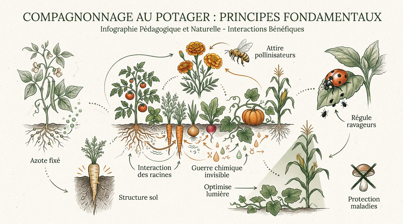 Illustration des principes de compagnonnage et d'associations de légumes au potager