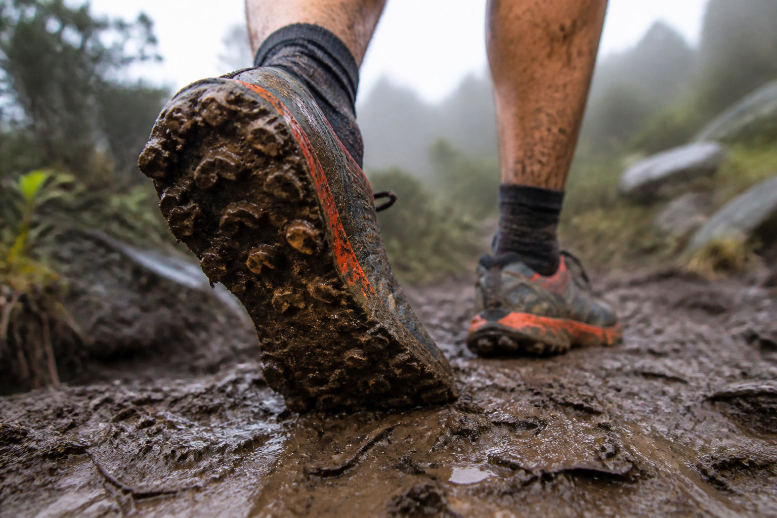 Semelle de chaussure trail boueuse après une Spartan Race