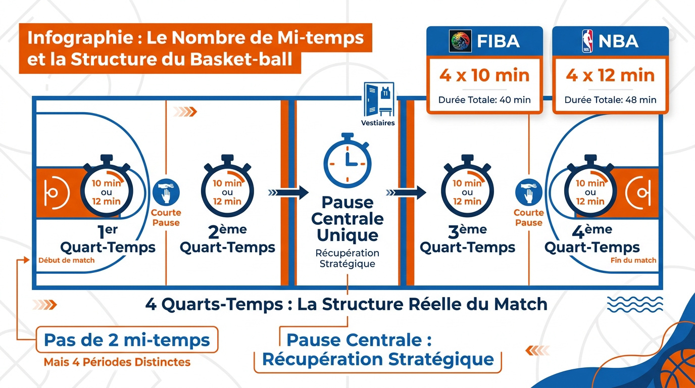 Infographie sur la structure des quarts-temps et pauses au basket