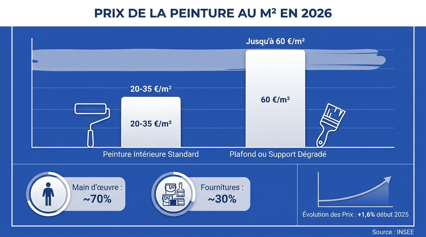 Tableau comparatif des prix de peinture au m2 en 2026 selon le support