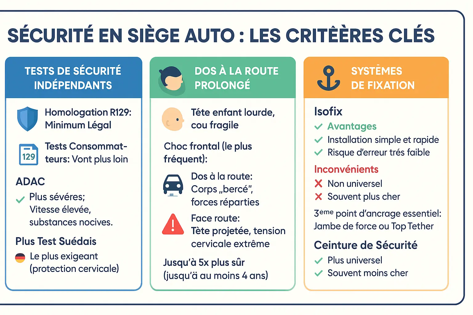 Illustration des critères de sécurité des sièges auto pour bébé