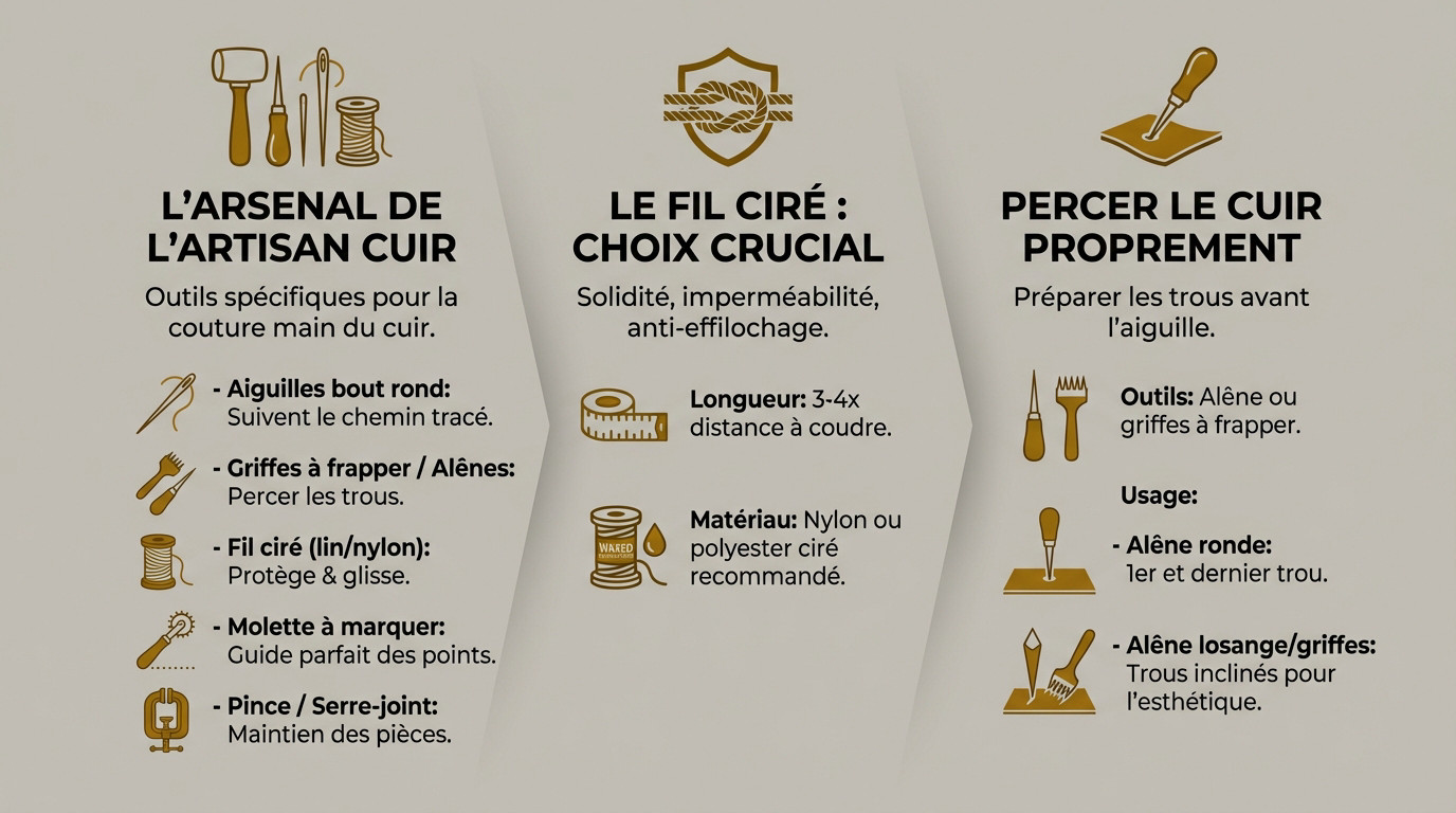Assortiment d'outils pour la couture du cuir à la main incluant alênes et fil ciré