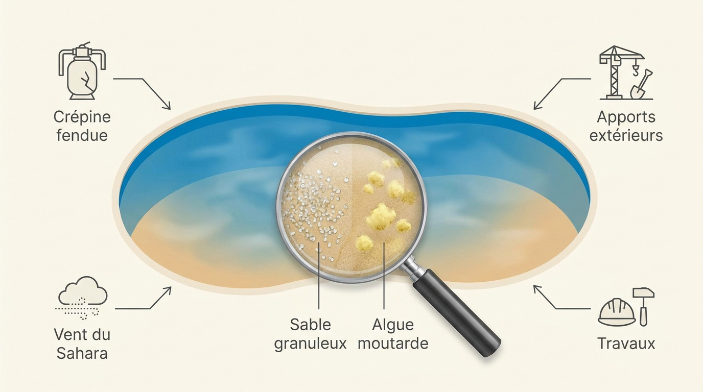 Schéma expliquant les causes du sable et de l'algue moutarde dans une piscine