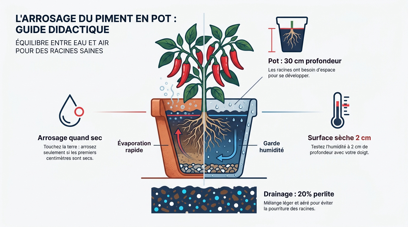 Plant de piment en pot avec substrat drainant et perlite