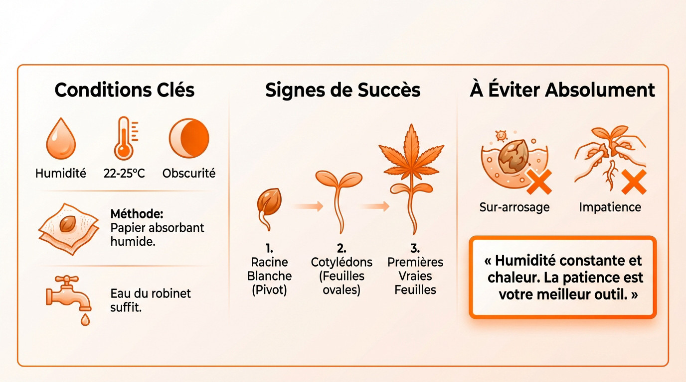 Schéma illustrant les étapes de germination d'une graine de cannabis, de la graine sèche à la jeune pousse