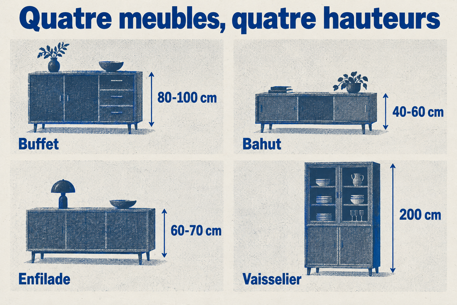 Les hauteurs types : buffet 80-100 cm, bahut 40-60 cm, enfilade 60-70 cm, vaisselier environ 200 cm.