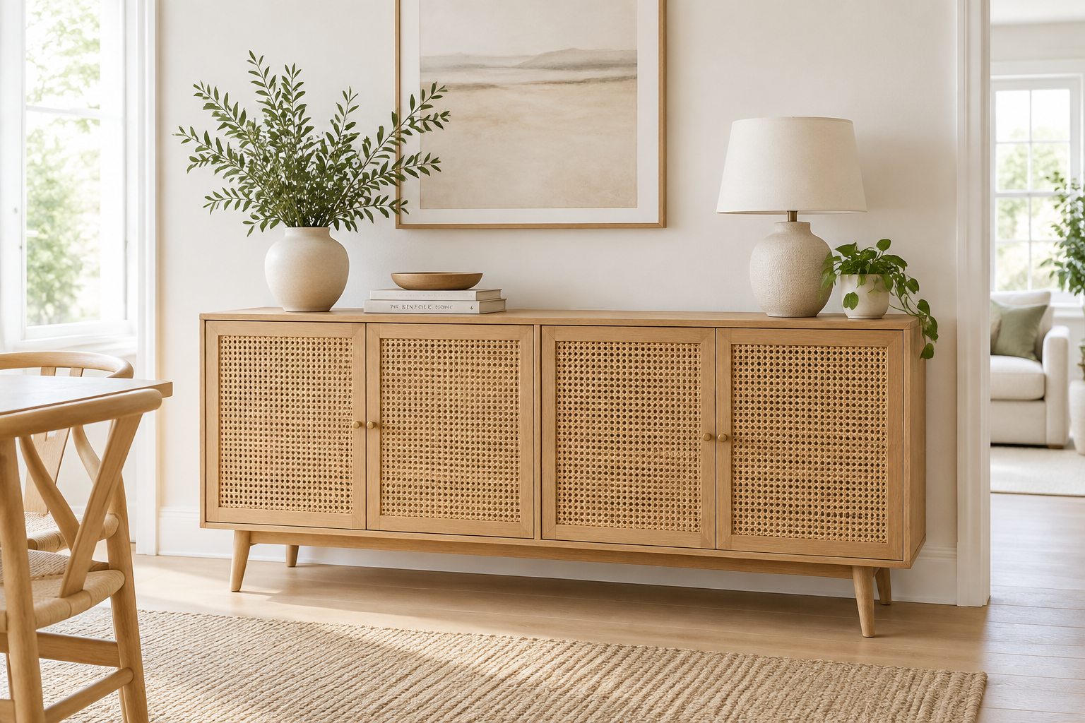 Un buffet scandinave avec des portes en cannage dans un intérieur lumineux.