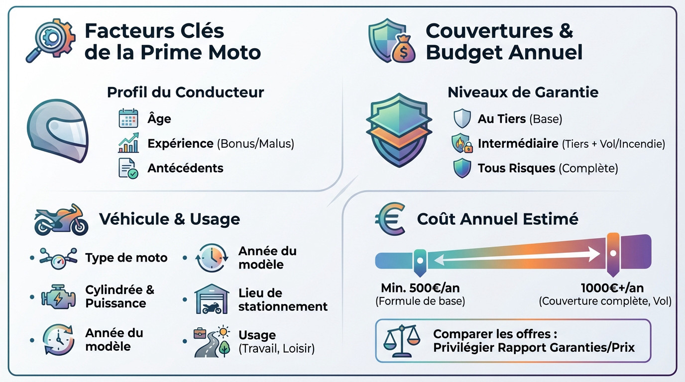 Infographie détaillant les facteurs influençant le coût de l'assurance moto et les tarifs moyens
