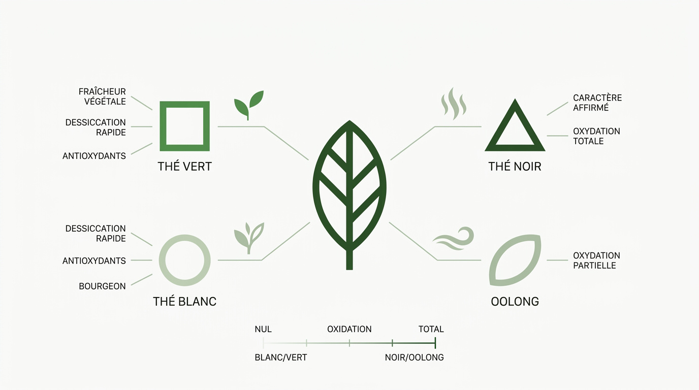 Infographie montrant les différents niveaux d'oxydation entre thé vert, blanc, oolong et noir