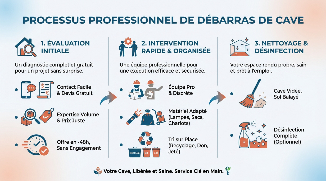 Professionnels équipés effectuant le tri et le débarras d'une cave encombrée