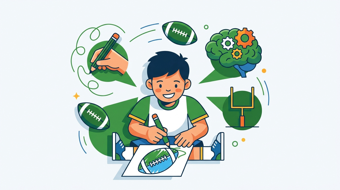Petit garçon concentré qui colorie un dessin de football pour améliorer sa motricité