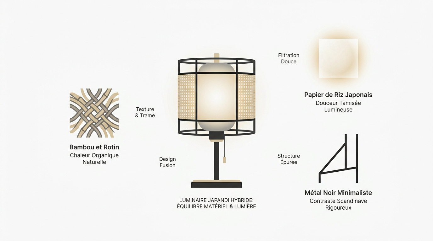 Plafonnier japandi en fibres naturelles et métal noir diffusant une lumière tamisée