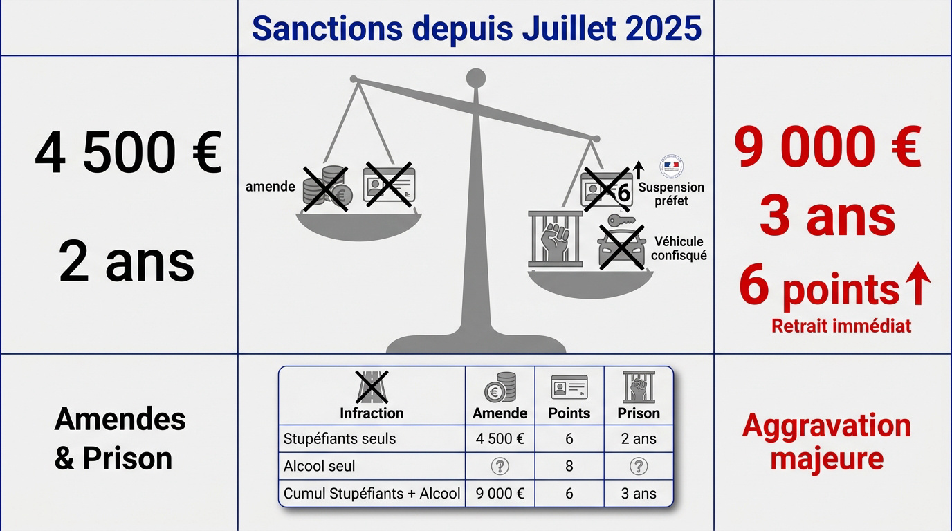 Tableau récapitulatif des sanctions pénales pour conduite sous stupéfiants et alcool en 2025