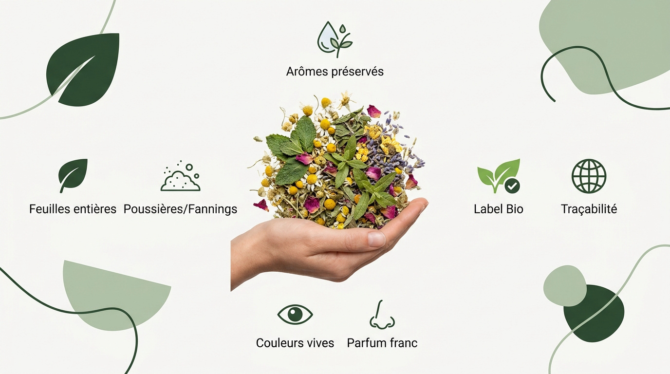 Infographie détaillant les critères de qualité d'une tisane d'excellence incluant le vrac et le bio