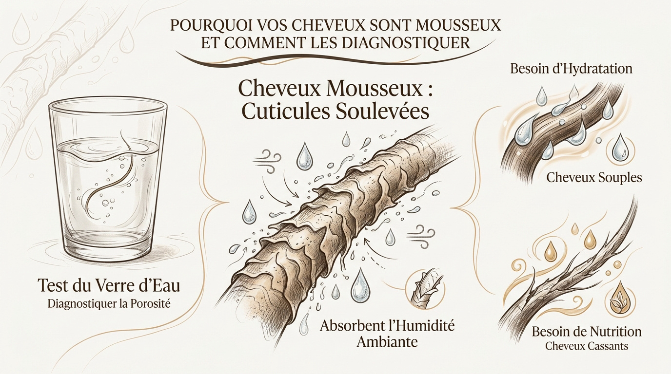 Femme examinant ses cheveux mousseux et secs devant un miroir