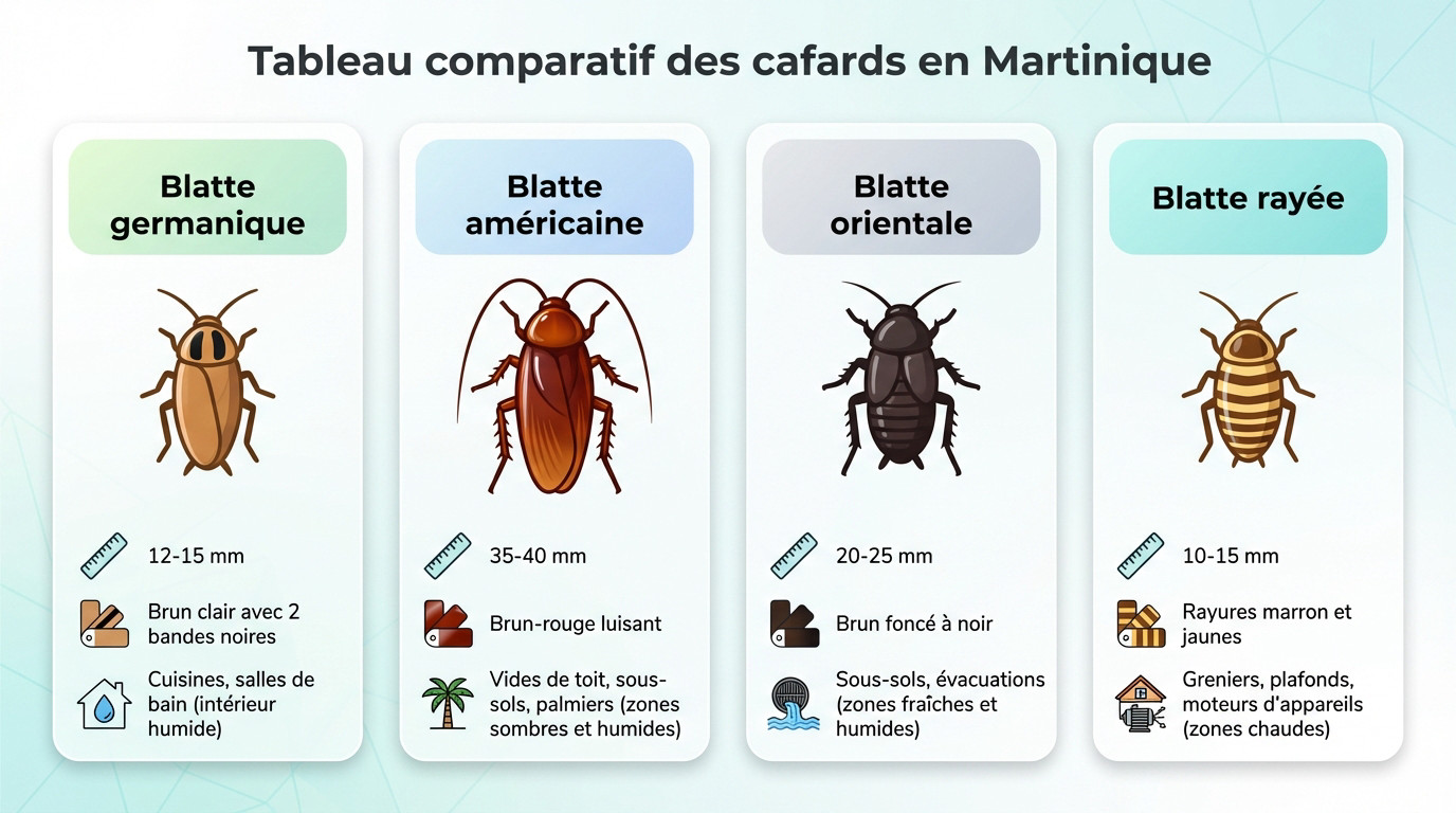 Tableau comparatif pour identifier les espèces de cafards en Martinique