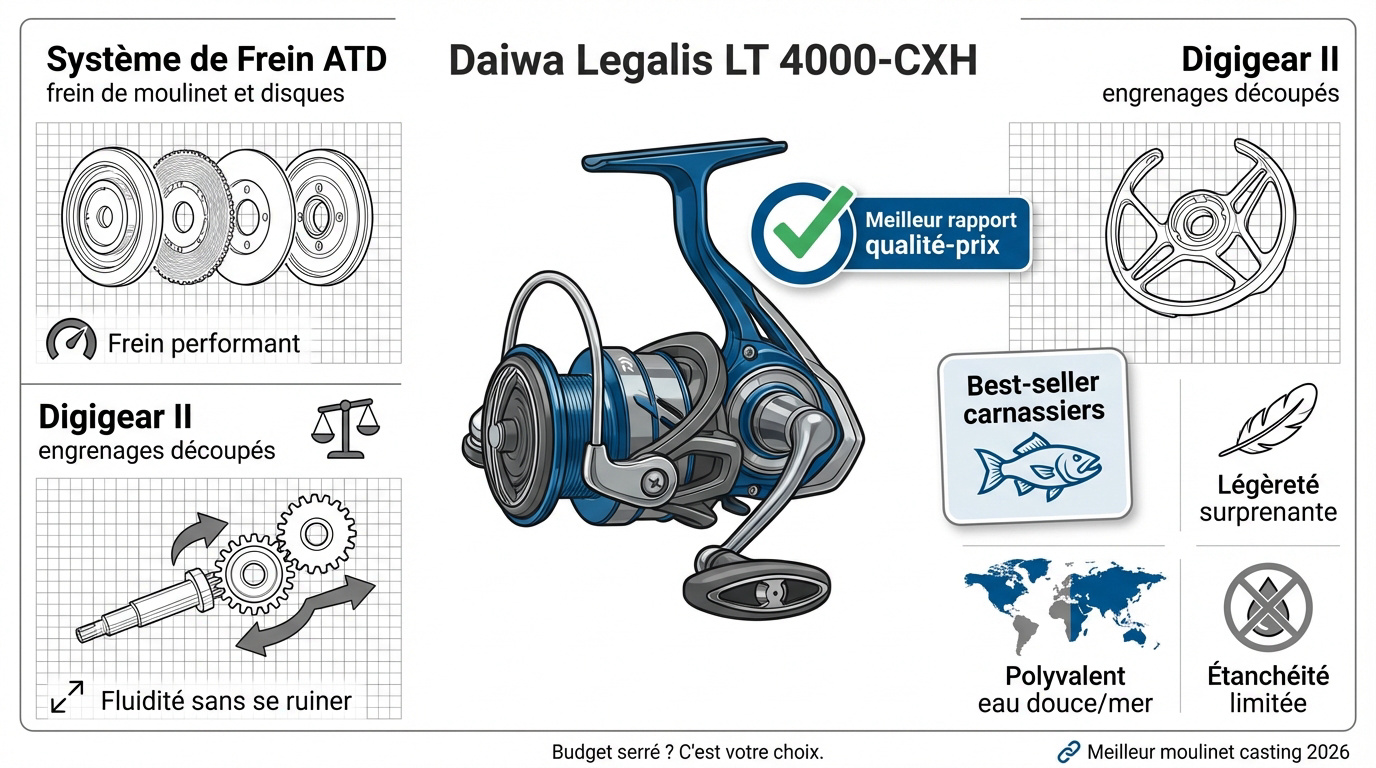 Moulinet Daiwa Legalis LT 4000 CXH posé au bord de l