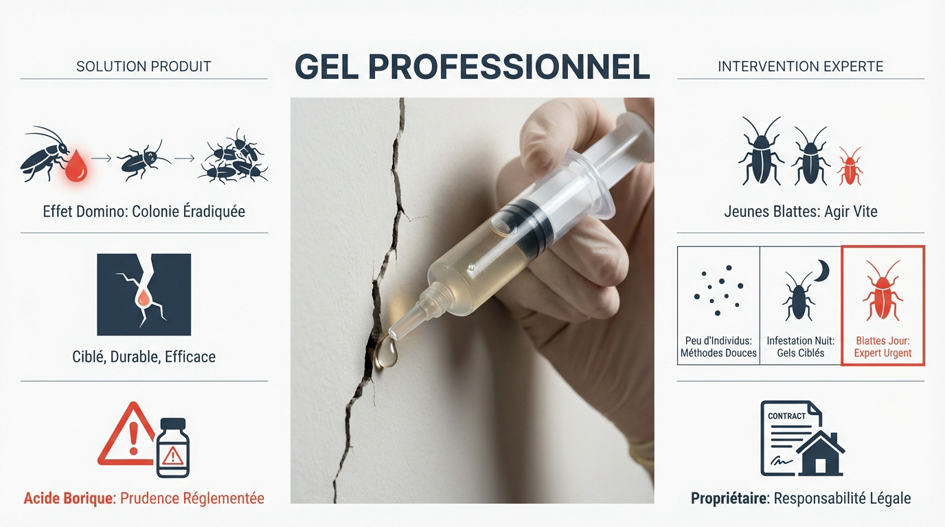 Infographie technique expliquant l'effet domino du gel insecticide sur une colonie de cafards