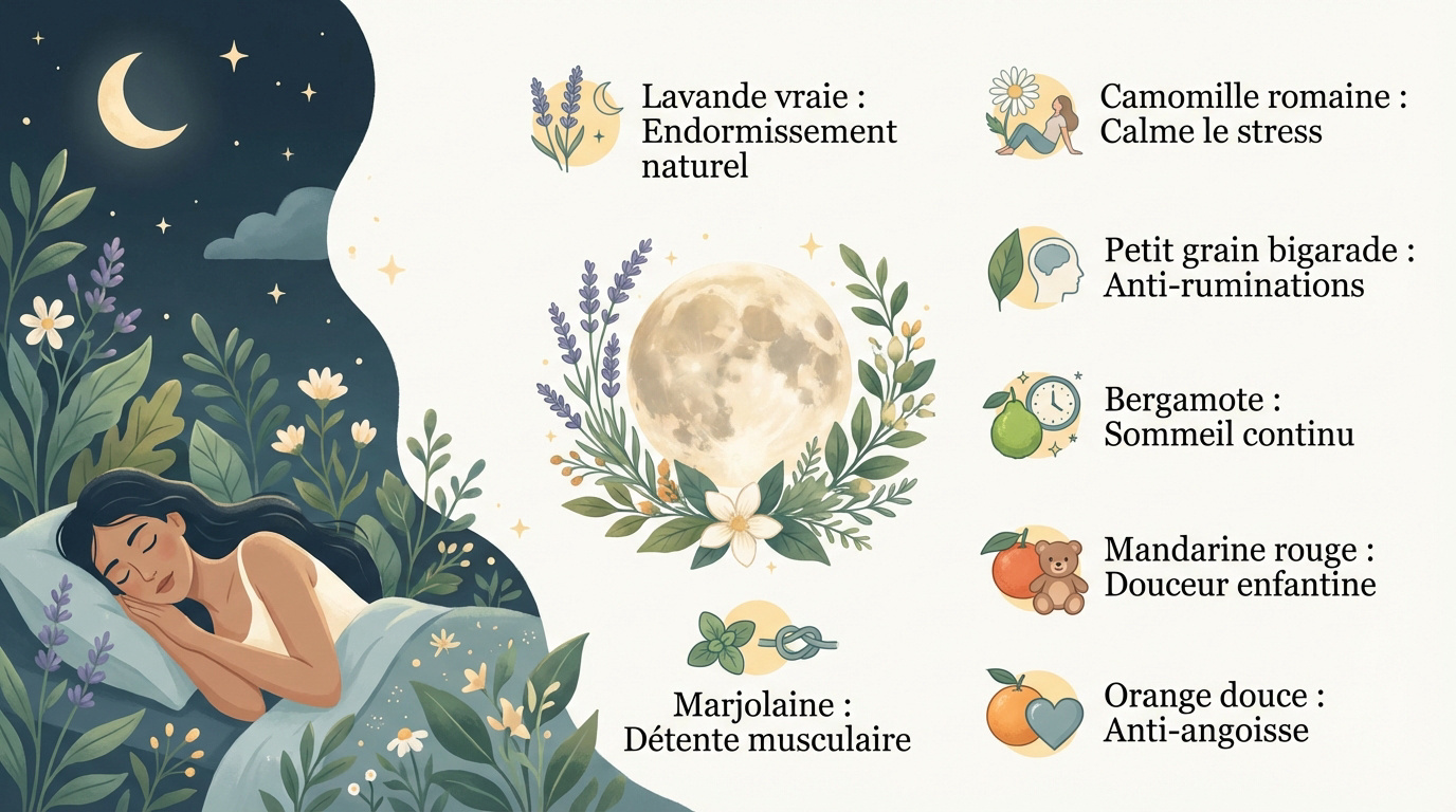 Sélection de flacons d'huiles essentielles et fleurs de lavande pour favoriser le sommeil