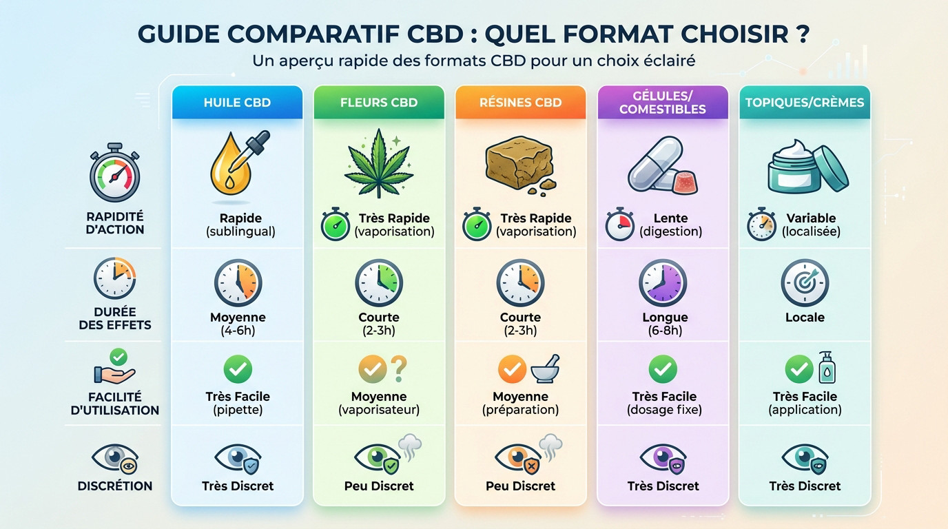Tableau comparatif des différents formats de CBD : huiles, fleurs, résines et gélules