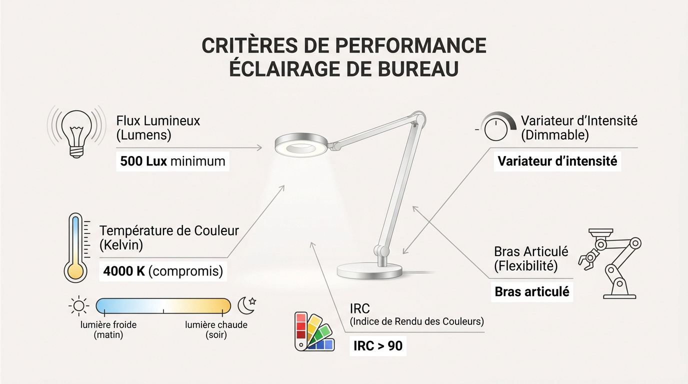 Critères de performance pour l'éclairage d'un bureau ergonomique