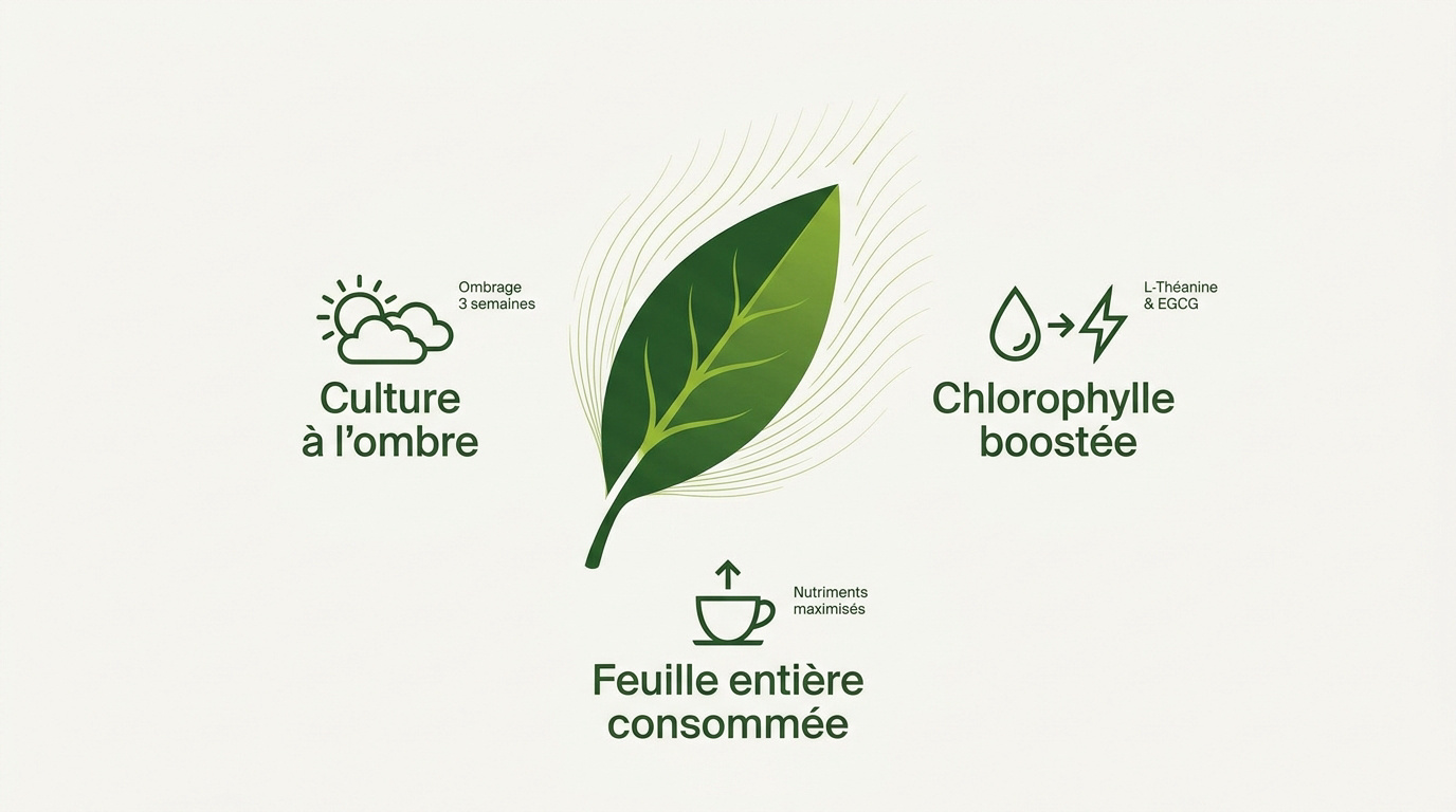 Feuilles de théier riches en chlorophylle cultivées sous ombrage pour le matcha