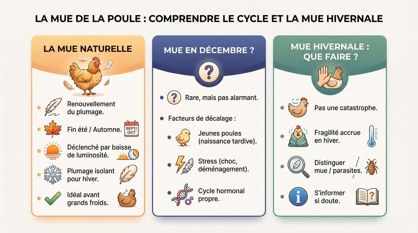 Poule en pleine mue hivernale avec un plumage clairsemé