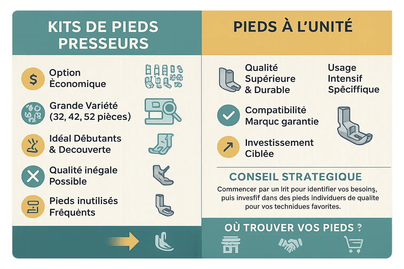 Illustration des différents pieds de biche pour machine à coudre