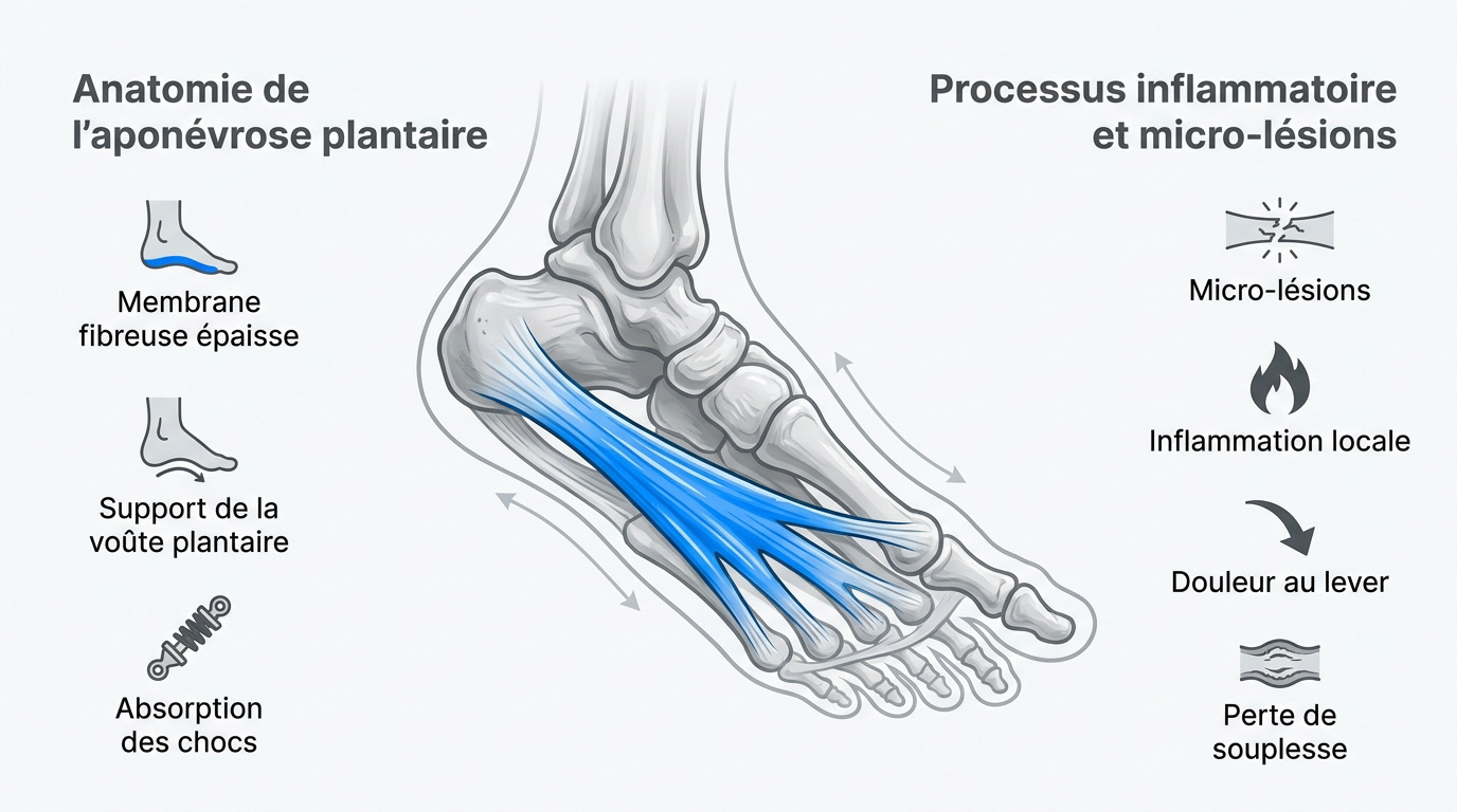 Infographie expliquant le mécanisme de tension et d'inflammation de l'aponévrose plantaire