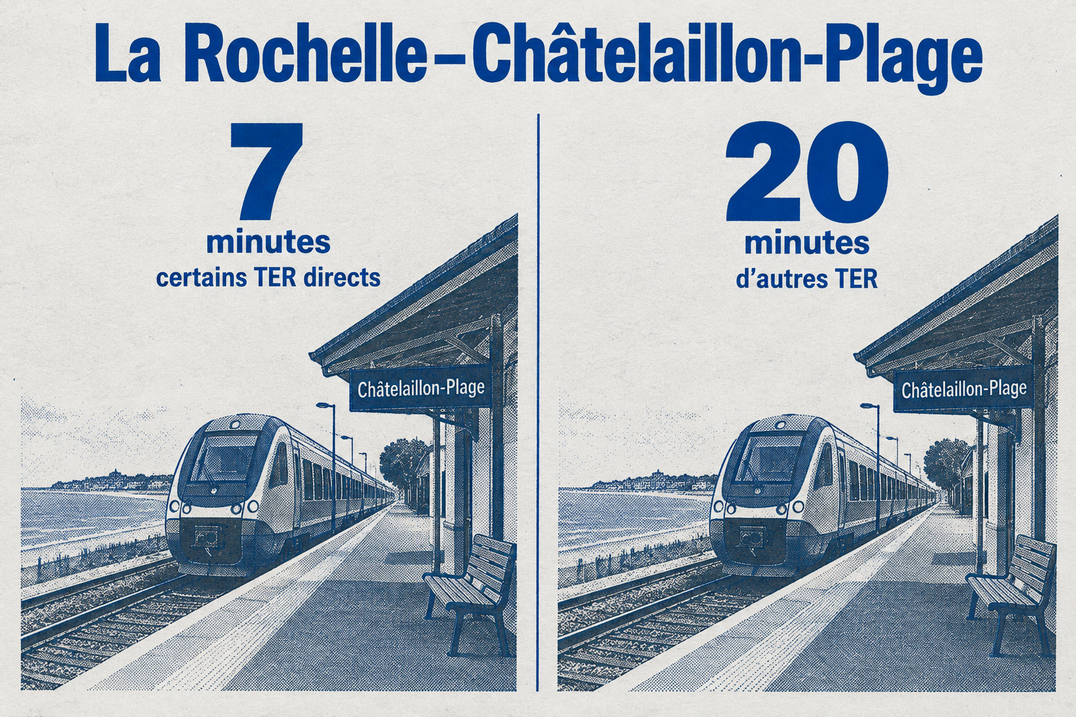 Certains TER directs relient La Rochelle à Châtelaillon-Plage en 7 minutes, tandis que d’autres mettent jusqu’à 20 minutes.