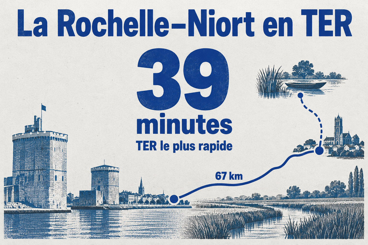 Le TER le plus rapide relie La Rochelle à Niort en 39 minutes sur une distance de 67 km ; l’embarcadère Prada est à l’écart de la gare.