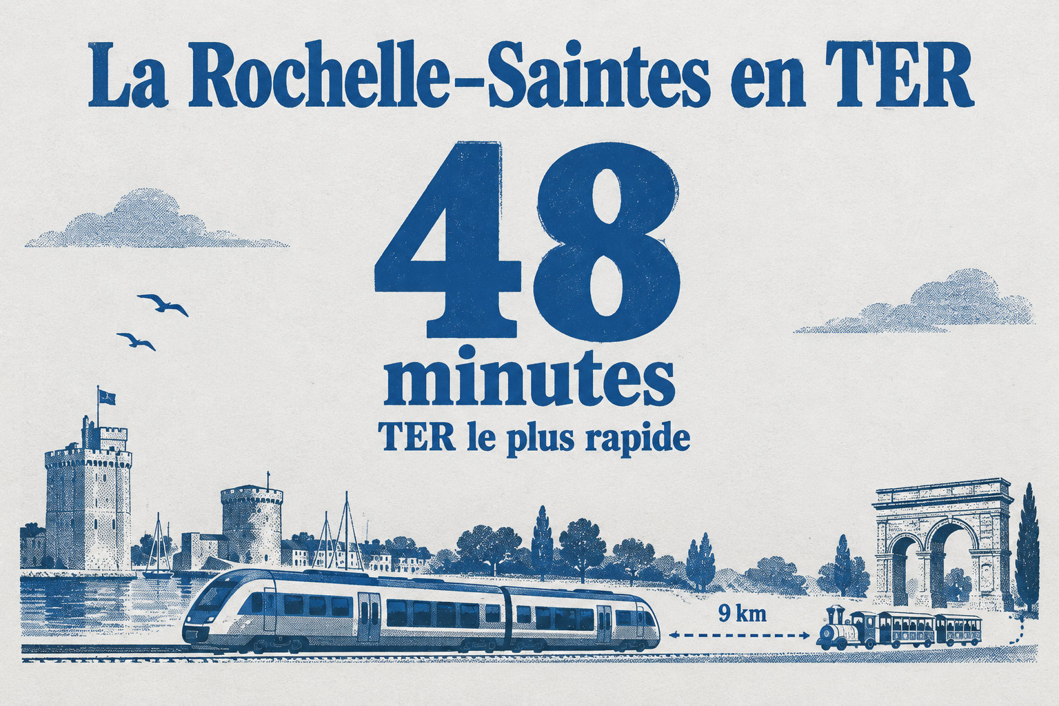 Le TER le plus rapide relie La Rochelle à Saintes en 48 minutes ; le petit train de Saintes part de l’Arc de Germanicus pour un circuit de 9 km.