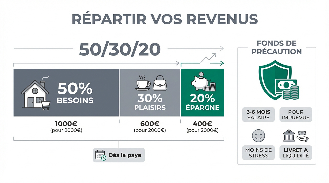 Graphique de répartition budgétaire 50/30/20 et épargne de précaution