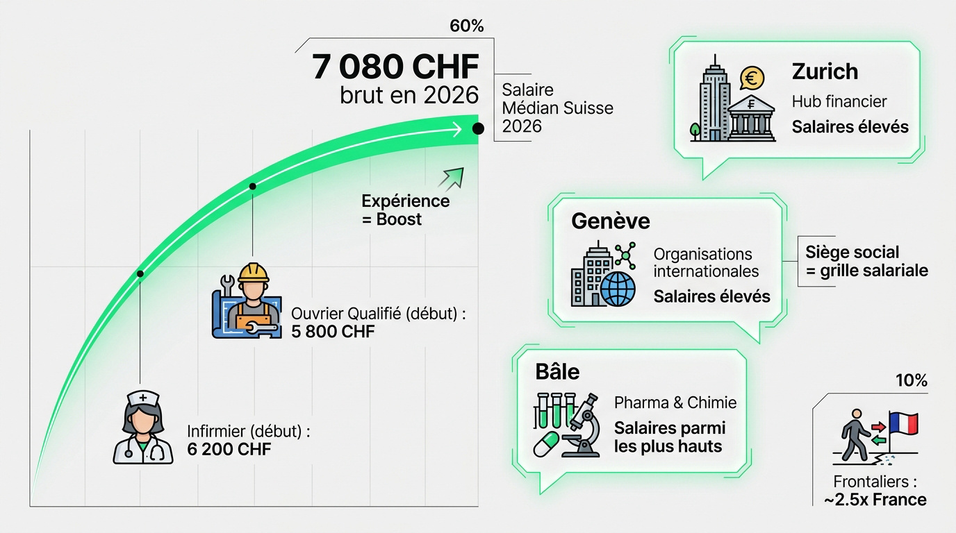 Graphique de l'évolution du salaire médian en Suisse par secteur en 2026
