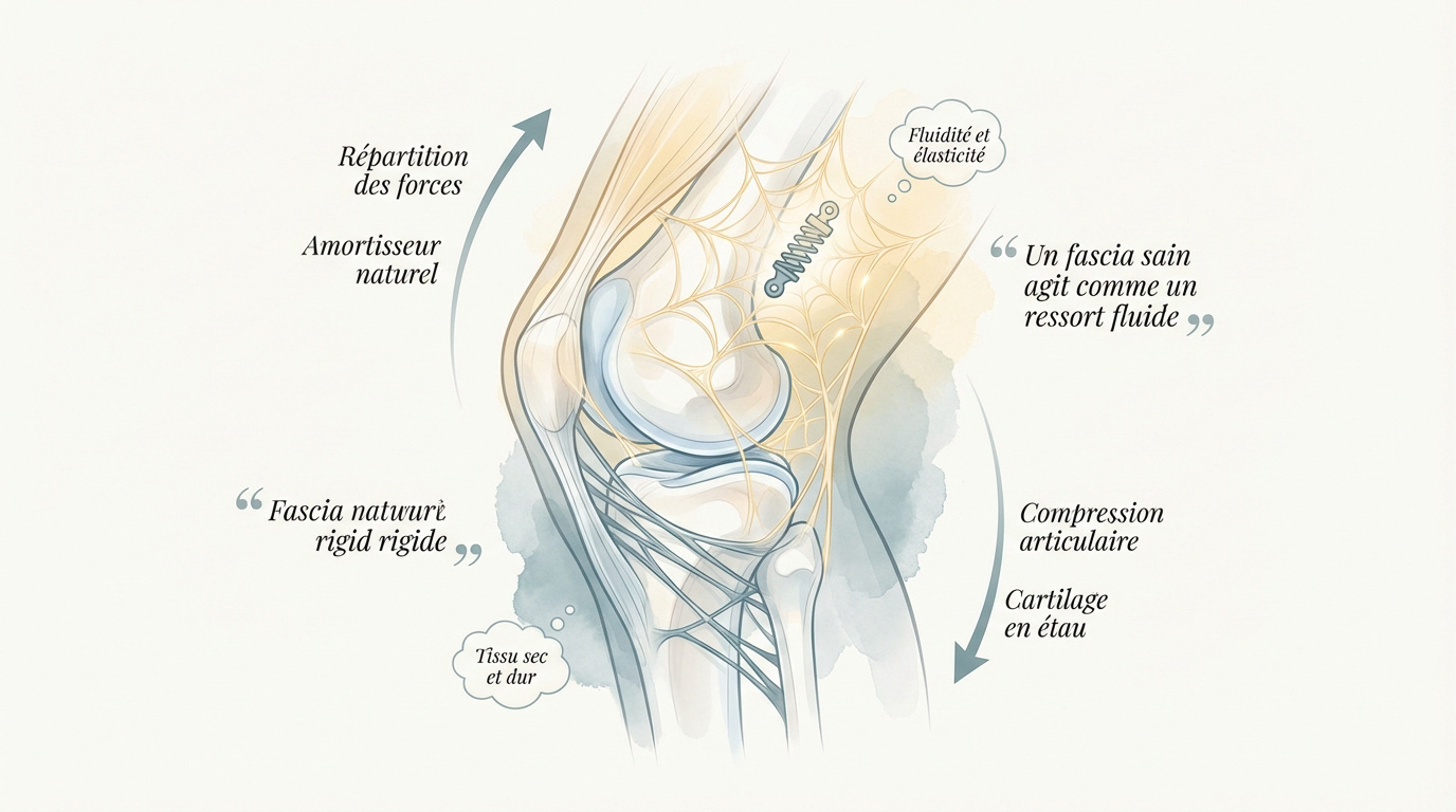 Schéma montrant la structure élastique du fascia protégeant une articulation