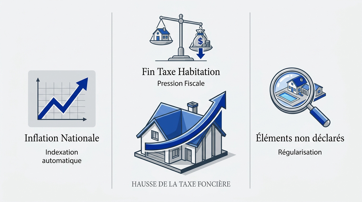 Infographie détaillant les causes de la hausse de la taxe foncière 2026