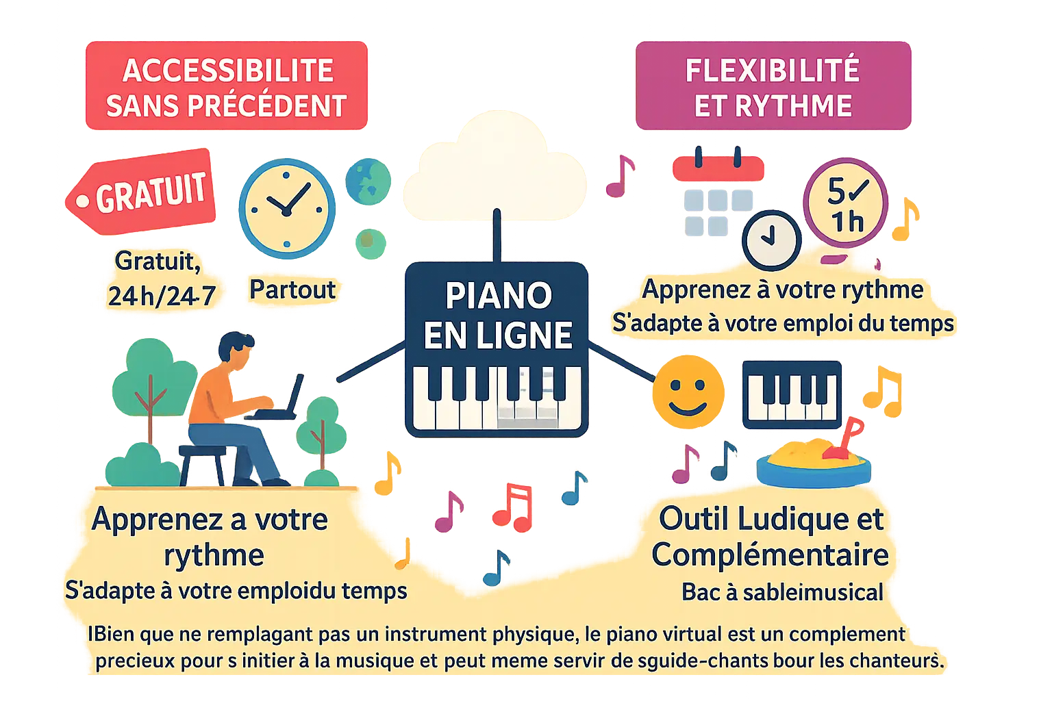 Illustration d'une personne apprenant le piano en ligne sur un ordinateur