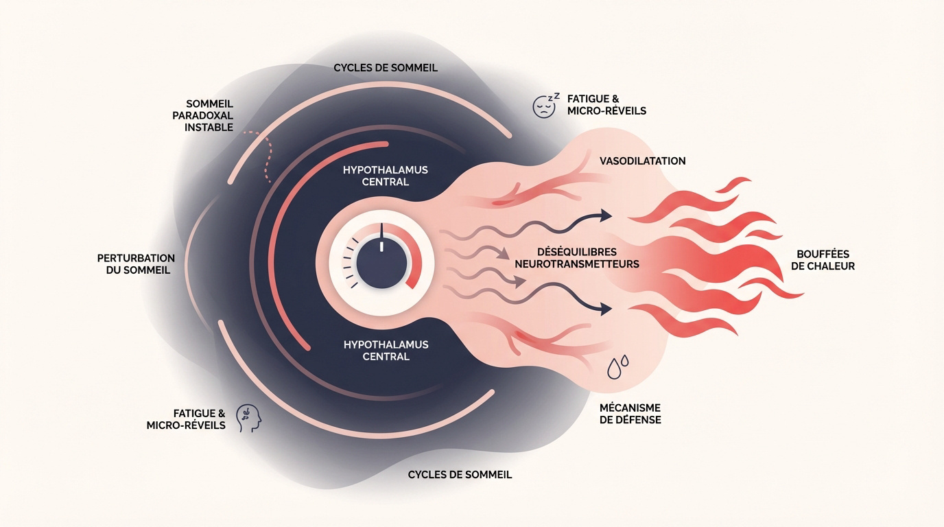 Schéma de l'hypothalamus régulant la température corporelle durant la ménopause
