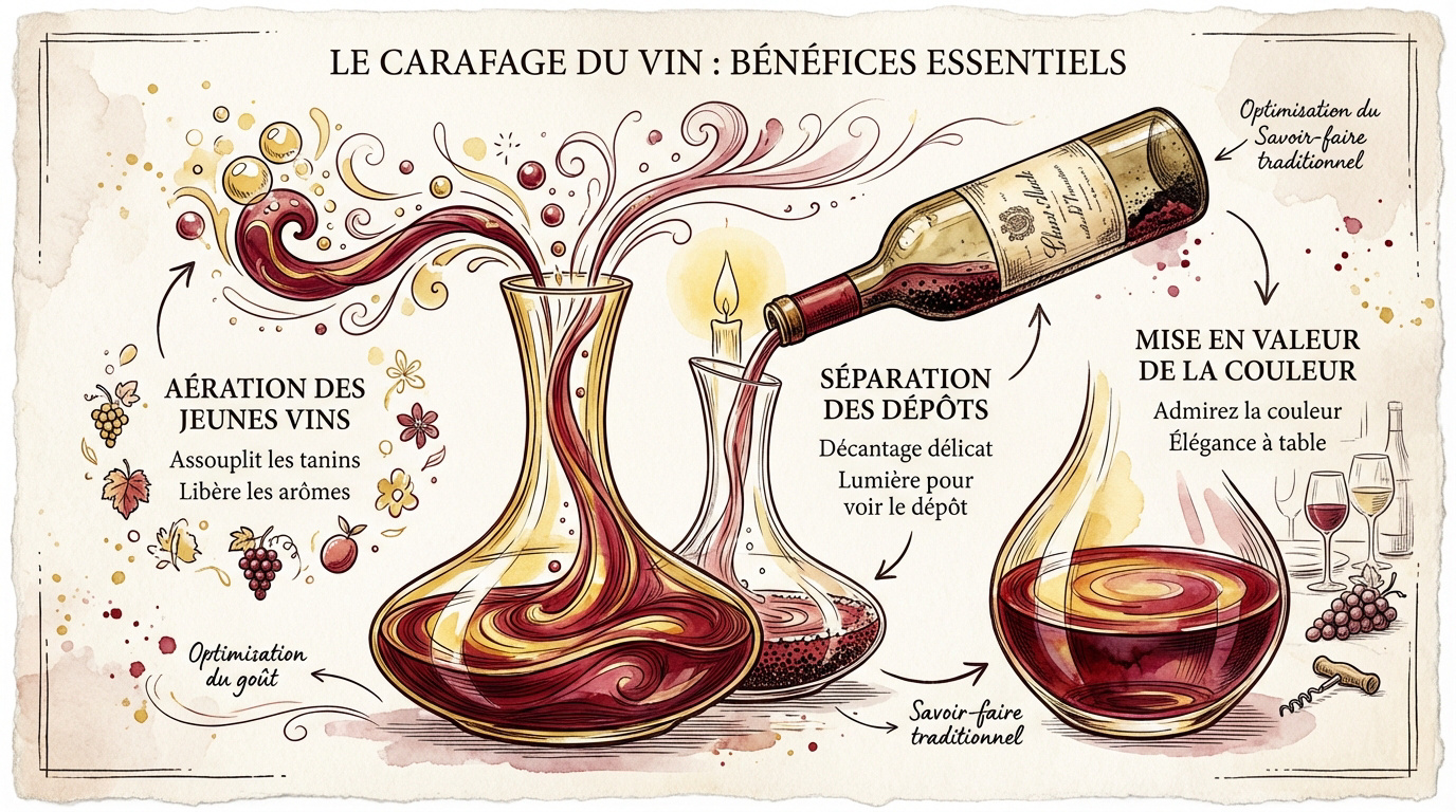 Carafe à vin en cristal sur une table mettant en valeur la robe rouge du vin