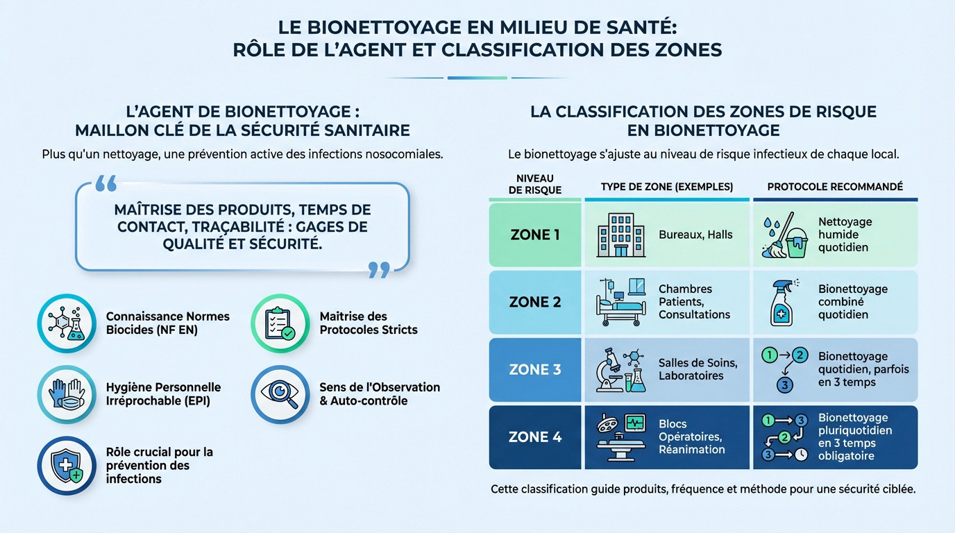 Sch&eacute;ma illustrant la classification des zones de risque et le r&ocirc;le de l'agent de bionettoyage