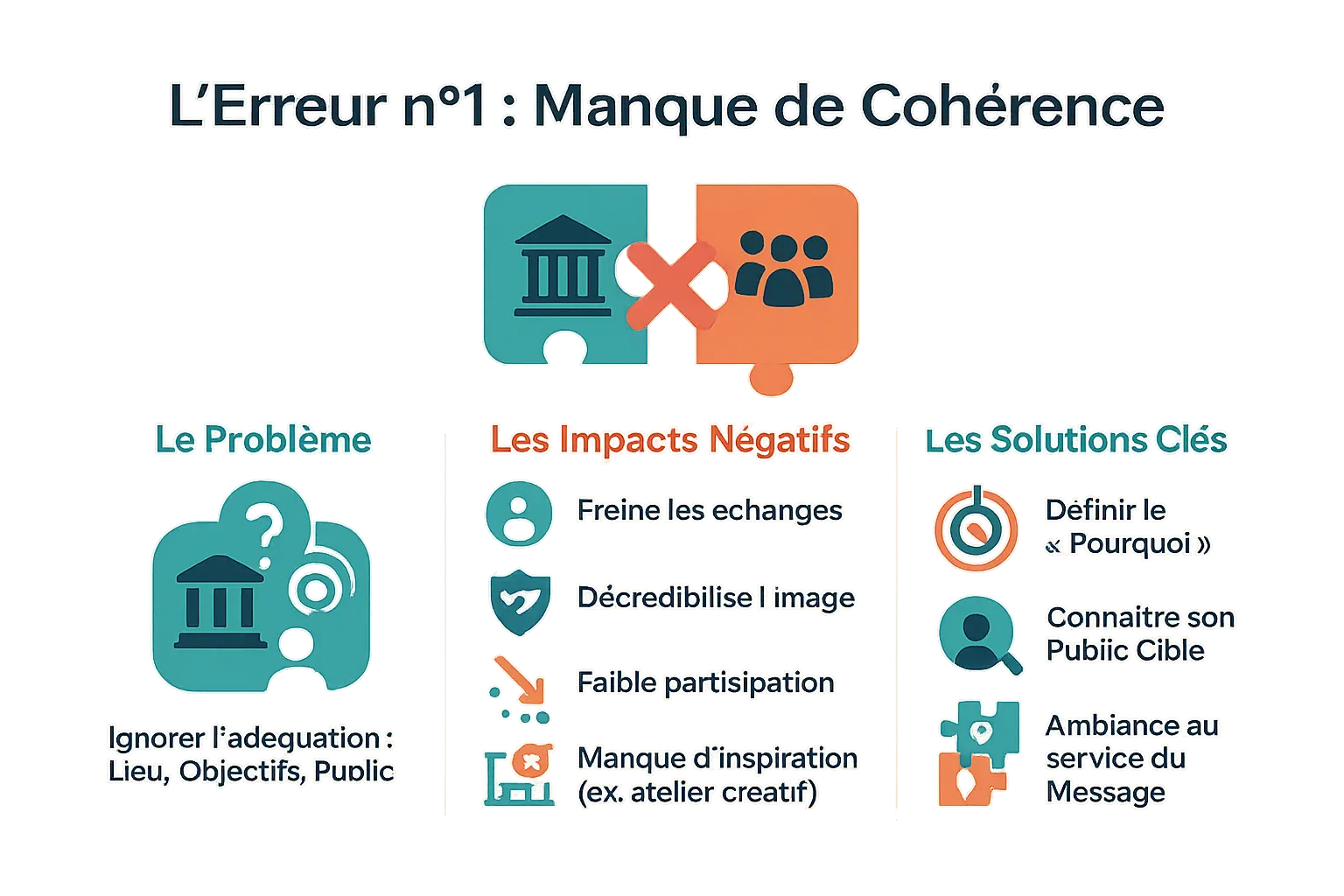 Illustration d'une salle de conférence froide et impersonnelle, contrastant avec un événement créatif manquant d'inspiration.